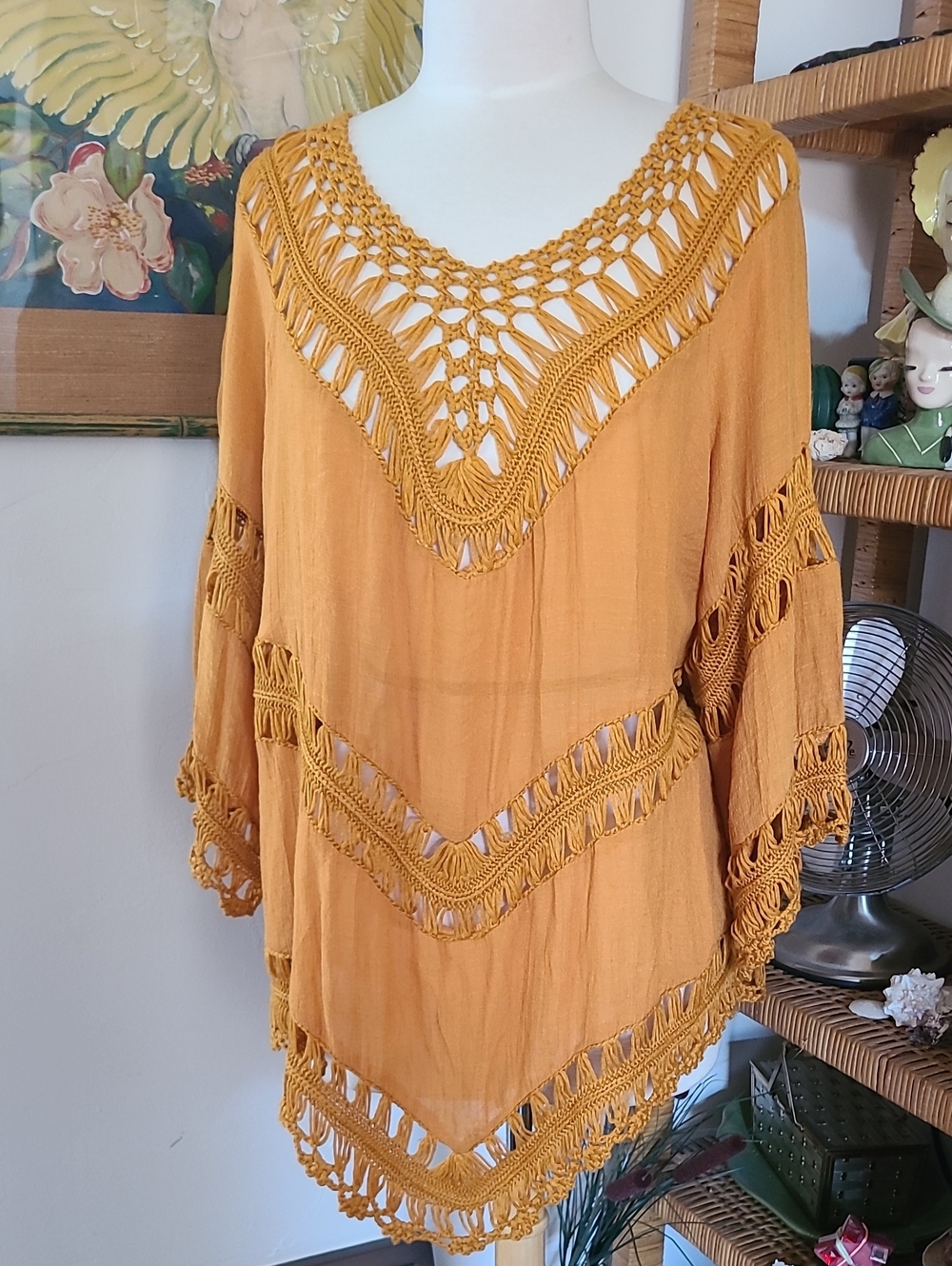 Vivid Importers Of NY Boho Chic Mustard Crochet Tunic Size 3X
